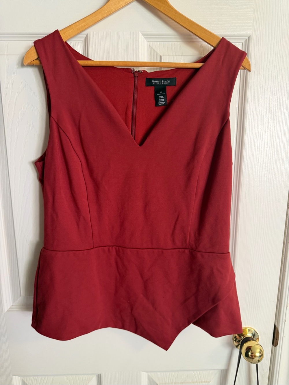 White House Black Market Sleeveless V-Neck Peplum Top in Burgundy Red